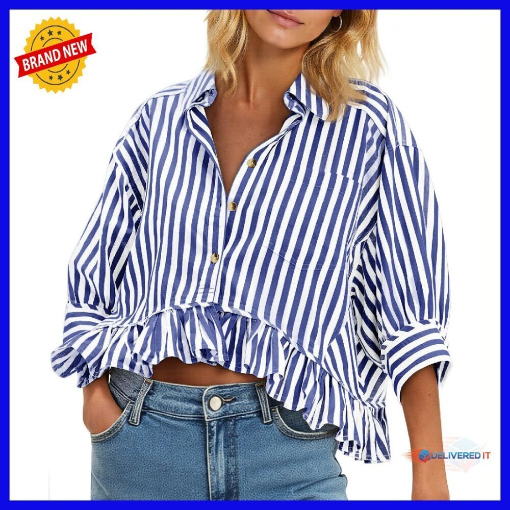 Cropped Striped Button Down Shirt Ruffle 3/4 Sleeve Blouse Summer Top